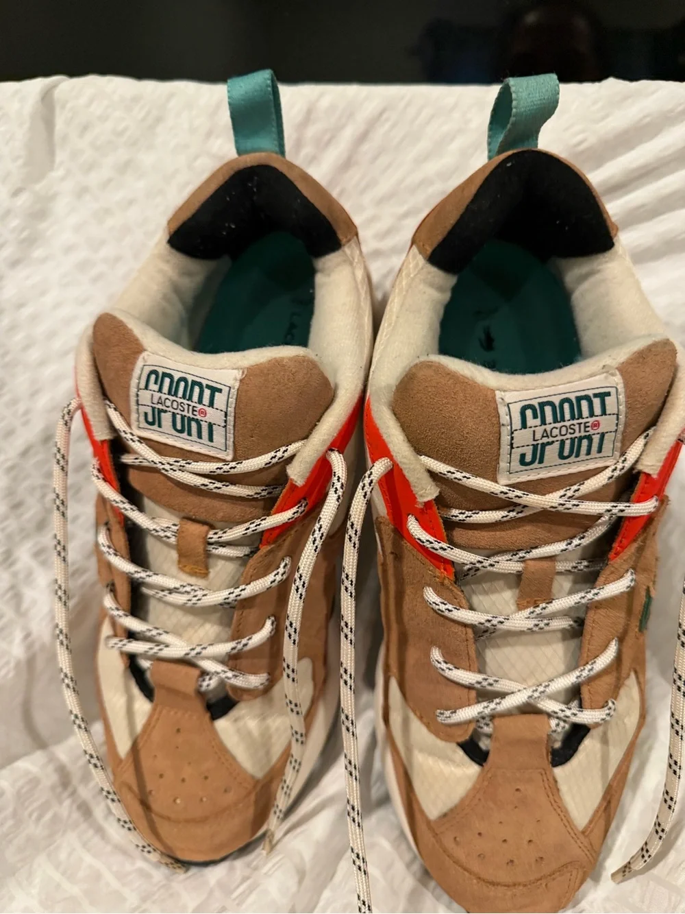 Lacoste Men’s Tan Suede Sneakers with Cream and Orange Accents